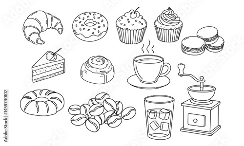Clean vector illustration of a dessert icon set featuring croissant, donut, cupcake, cake slice, cinnamon roll, and macaron. Only outer shapes are drawn with bold black outlines, no colors.