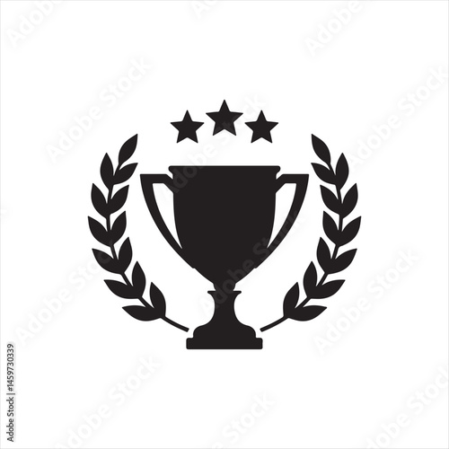 Trophy Icon with Laurel Wreath and Stars,Award Cup Symbol with Laurel Branches,Champion Trophy with Laurel and Stars,Victory Trophy Emblem in Black Silhouette,Laurel Wreath with Cup and Star Icons