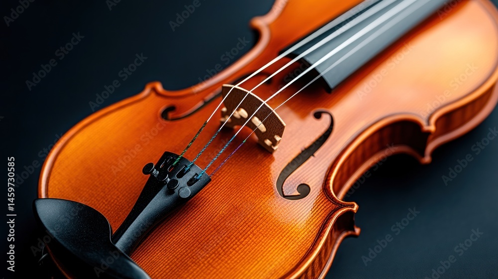 Fototapeta premium Close-up of a Polished Violin, Exquisite Detail, Rich Wood Grain, Musical Instrument, Stringed, Classic Design