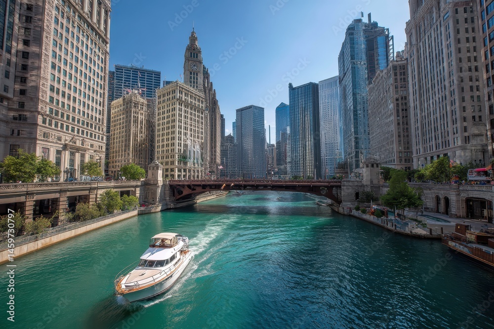Fototapeta premium Michigan Avenue Bridge in Chicago: Iconic Drawbridge Over the River, Welcoming Boats and Yachts