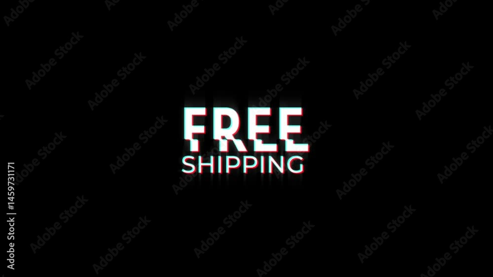 free shipping glitch effect animation. Graphic overlay text abstract vintage twitched 4k video loop motion animation. Black background old retro digital tv