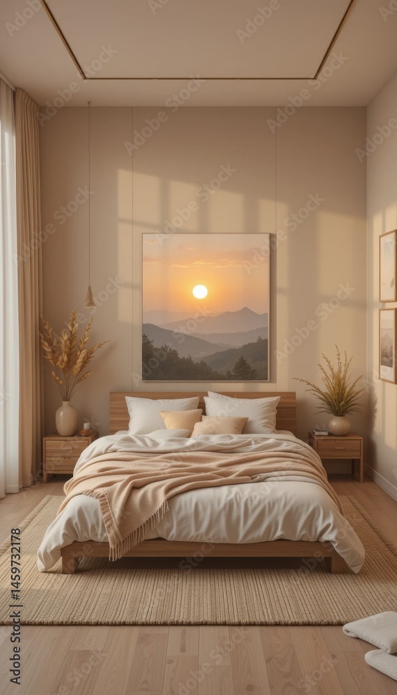 Fototapeta premium A luxury hotel room features a comfortable double bed with pillows, a lamp providing soft light, and contemporary decor