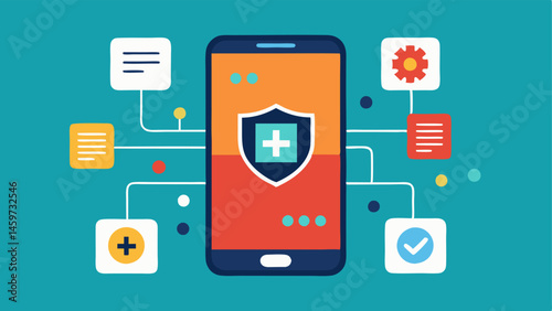 Health App Interface A smartphone showing a secure health app interface with blockchain icons emphasizing userfriendly access to medical records through advanced technology.