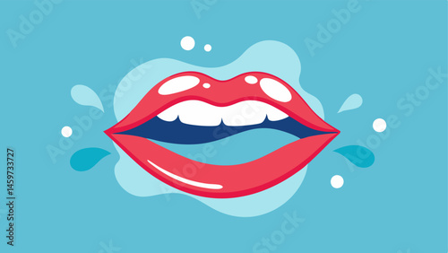 Hydration Adventure Playful animated lips with a fun lip mask looking cheerful surrounded by whimsical splashes of water and shiny exosome symbols portraying a joyful journey to