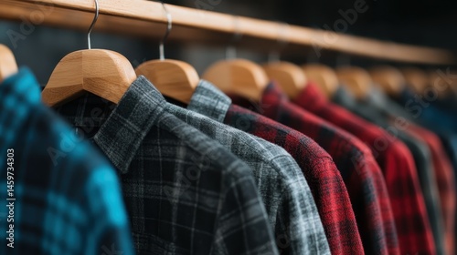Wallpaper Mural A close-up view of multiple flannel shirts in diverse colors neatly hanging on a wooden rack, highlighting seasonal styles and casual fashion choices for diverse wardrobes. Torontodigital.ca