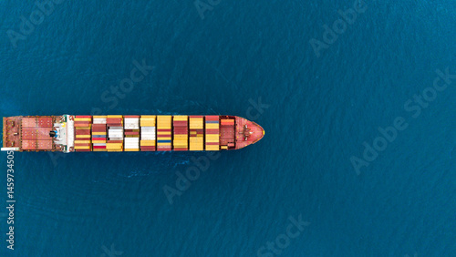 Top view Container ship full capacity approaching port International Container ship loading, unloading at sea port, Freight Transportation, Shipping,Logistics, import export, Transportation. Global