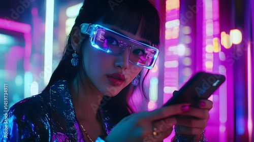 Wallpaper Mural Close-up view of a person using a device in a vibrant nightlife scene. Torontodigital.ca