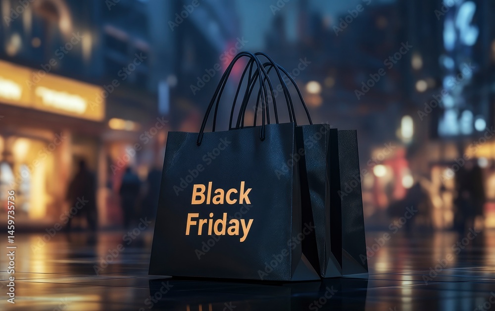 Obraz premium Black Friday Shopping Bags in City at Night