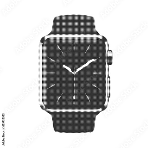 Smartwatch illustration in halftone dot style. Modern digital wristwatch icon with retro pop art texture. Tech-inspired monochrome design for posters, prints, and UI concepts.