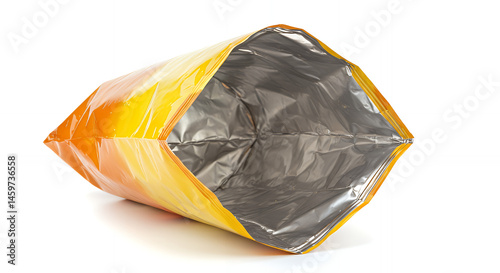 Empty snack bag package isolated on white background food packaging foil bag yellow and orange color open bag