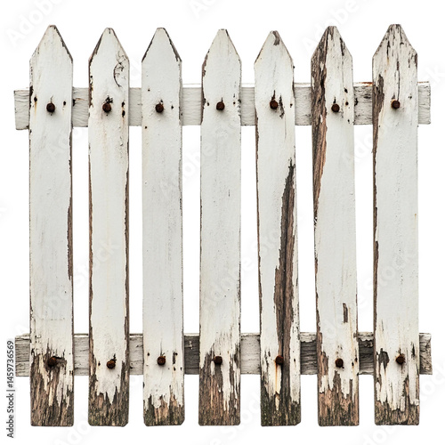 A white picket fence with a few of the boards missing [Transparent Background PNG].
