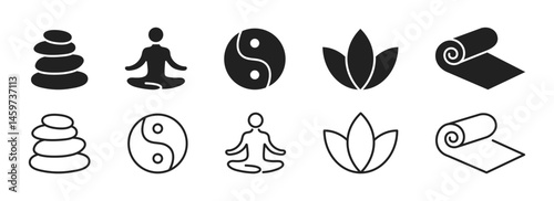 Set of yoga relaxation icons. Meditation logo. Linear and silhouette style