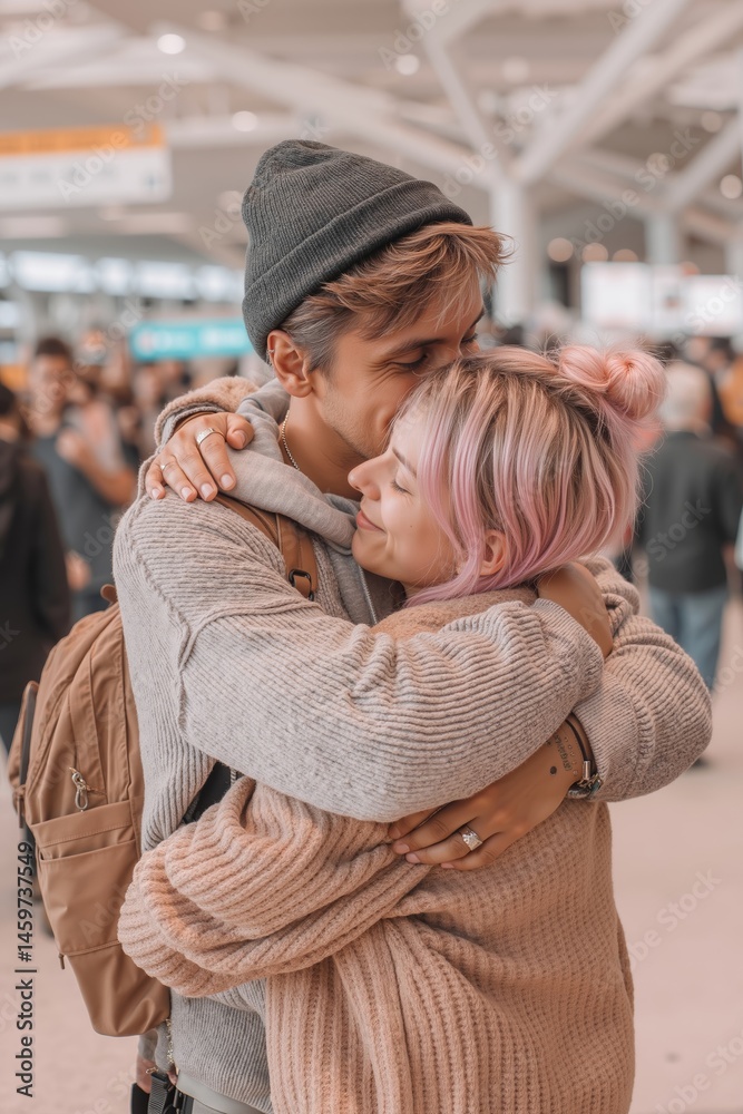Fototapeta premium A man and woman hugging each other in an airport