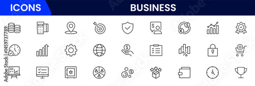 Business and Finance web icons in line style. Money, bank, contact, infographic. Icon collection. Vector illustration.
