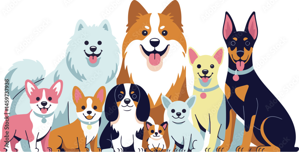 Fototapeta premium a group of cute cartoon dog breeds, corgi, pomeranian, chihuahua, husky, beagle, dalmatian, dachshund, abstract colorful digital art, 4k, highly detailed, award winning, 
