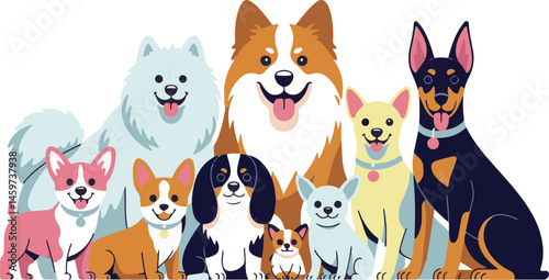 a group of cute cartoon dog breeds, corgi, pomeranian, chihuahua, husky, beagle, dalmatian, dachshund, abstract colorful digital art, 4k, highly detailed, award winning, 

