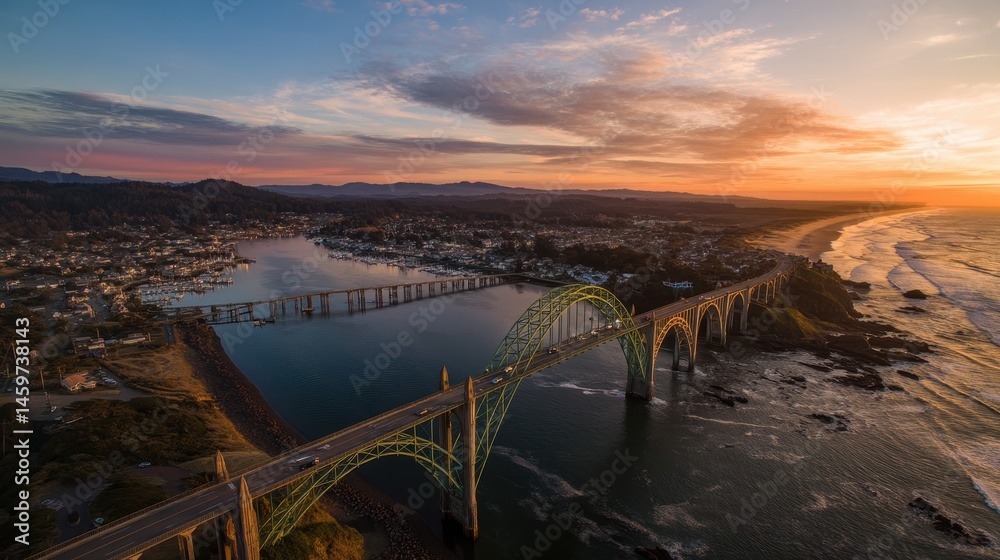 Breathtaking Sunset Over Yaquina Bay Bridge in Newport, Oregon: Aerial Landscape of the Pacific Northwest Coast Breathtaking Sunset Over Yaquina Bay Bridge in Newport, Oregon: Aerial Landscape of the Pacific Northwest Coast
