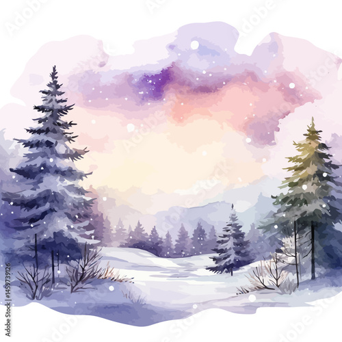 A cold, white winter landscape features snow-covered trees in a beautiful, snowy forest under a blue sky