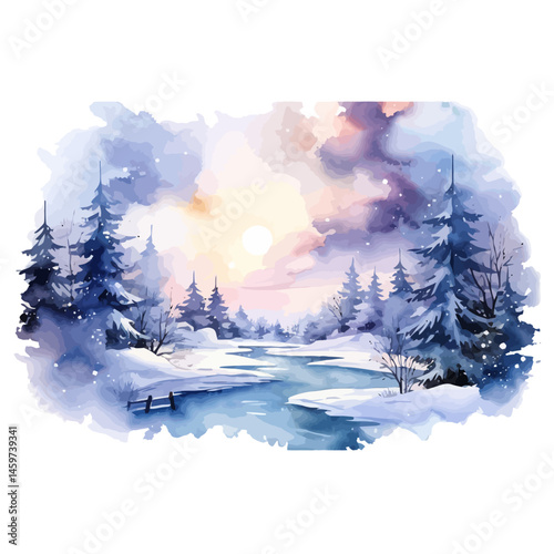 A cold, white winter landscape features snow-covered trees in a beautiful, snowy forest under a blue sky
