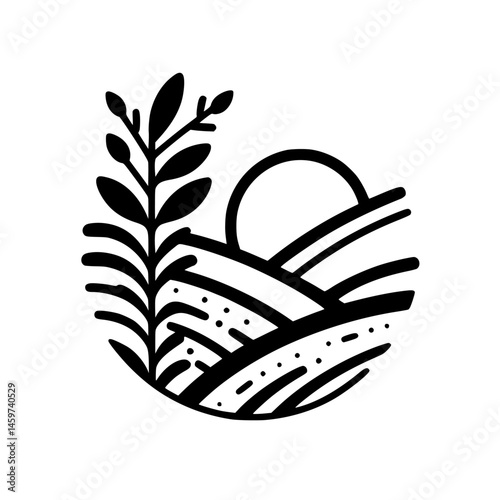 Minimalist Farm Landscape Illustration: Fields, Sun & Botanical Element