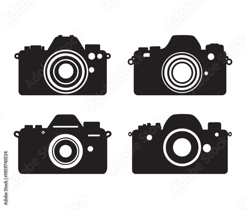 Stylish camera silhouettes collection. Black and white camera vectors. set of vintage cameras