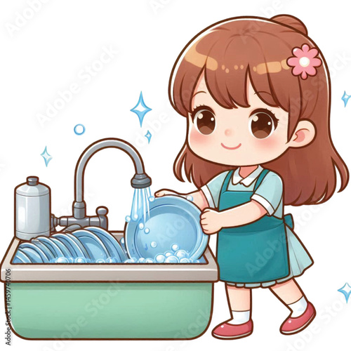 A cartoon girl is washing dish