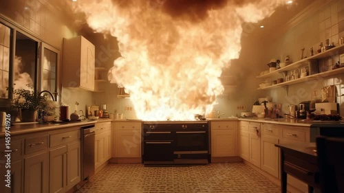 A massive kitchen explosion engulfs the entire cooking area in flames, creating a terrifying scene of fire and destruction. the danger of gas leaks, accidents, and emergency situations at home