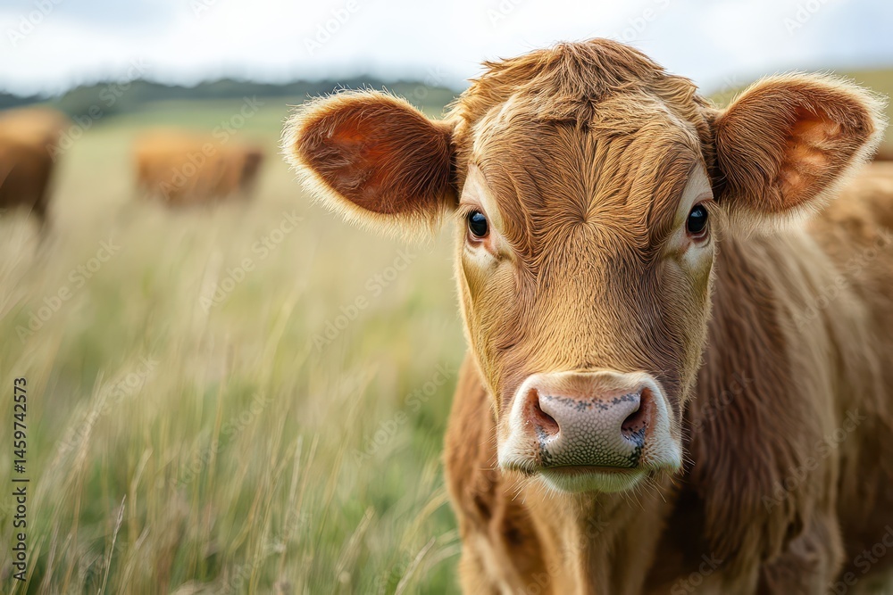 Brown calf explores the meadow during daylight Brown calf explores the meadow during daylight