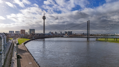 Dusseldorf city skyline aerial drone view from above,  Medienhafen, bridge and river Rhine, Germany 