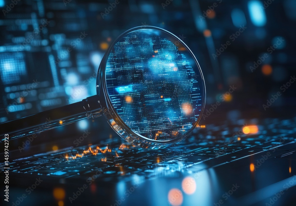 Magnifying Glass Examining Circuit Board Magnifying Glass Examining Circuit Board
