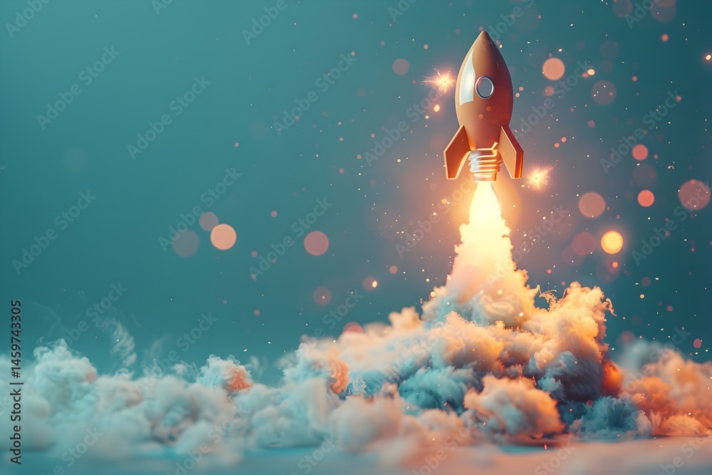 Fototapeta premium Bronze rocket launching amid clouds and glowing particles