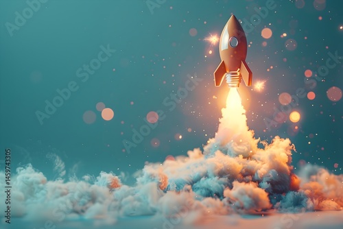 Bronze rocket launching amid clouds and glowing particles

