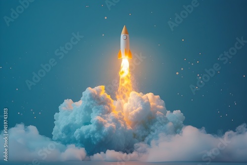 White and orange rocket launching through clouds against blue sky