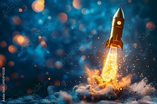 Golden toy rocket miniature taking off with sparks and blurred background