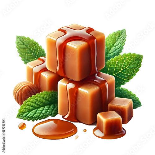 Caramel cubes isolated on white background