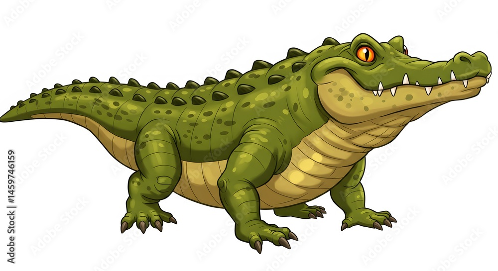 Fototapeta premium AI image of a cartoonish green crocodile standing proudly, with sharp teeth and yellow eyes, on a white background.