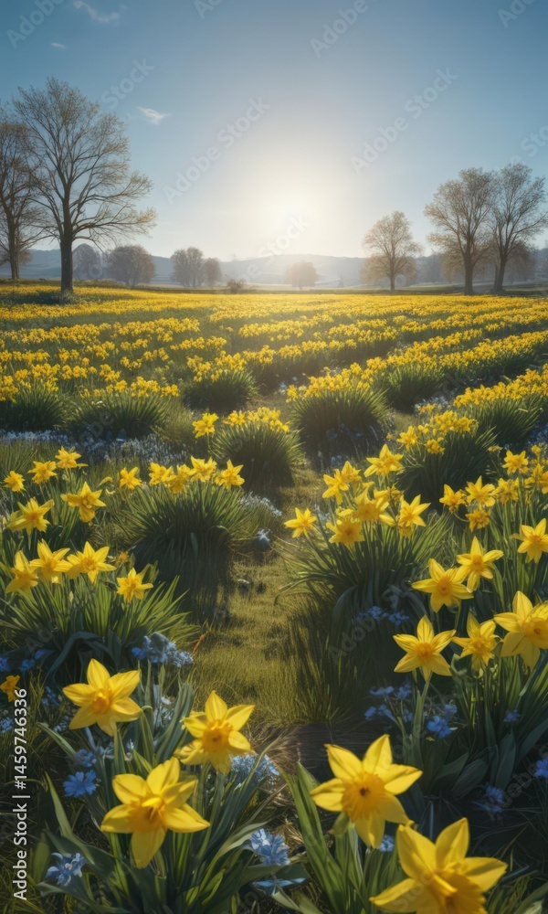 Obraz premium Sunny meadow ablaze with yellow daffodils under a clear blue sky , scene, golden, growth