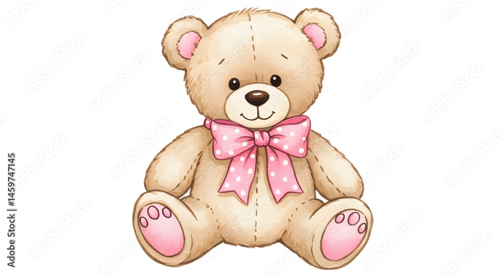 Fototapeta premium AI image of a classic light brown teddy bear sitting with a large pink polka dot bow tied around its neck.