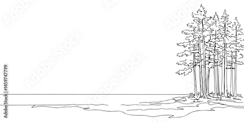 A continuous single line drawing of the edge of a pine tree forest, representing the depiction of the boundary between nature and the liar nature, line art style vector illustration.