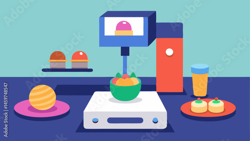 Food 3D Printing An innovative kitchen where a food 3D printer is shaping a colorful dessert with ingredients ready on the counter.