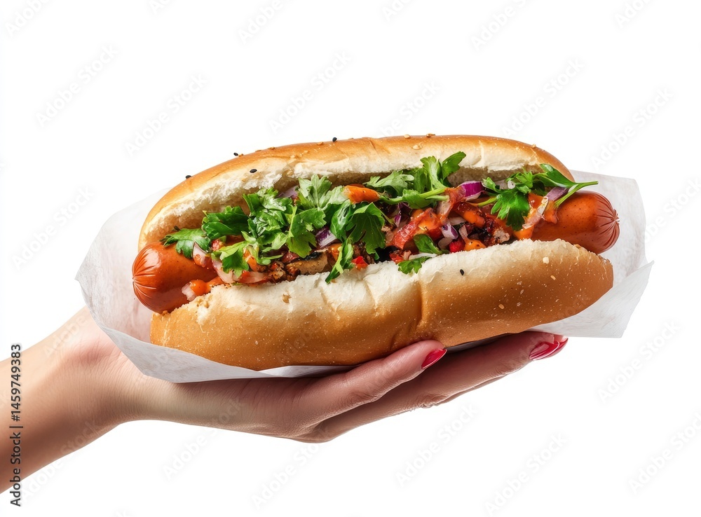 Hot Dog with Cilantro and Red Onion Being Held Hot Dog with Cilantro and Red Onion Being Held