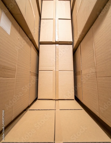 A cluttered room filled with various cardboard boxes stacked haphazardly, some labeled, others plain, creating a sense of disorganization and potential.