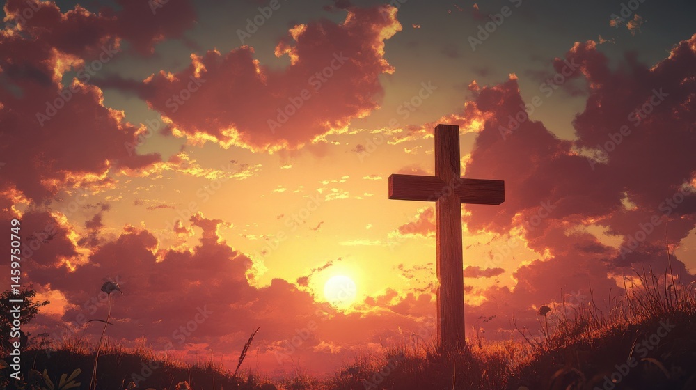 Fototapeta premium wooden cross with sunset clouds sky