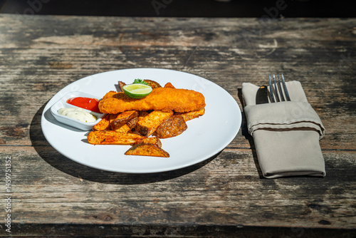 Deep fried fishs and chips, served with remoulade (sauce, mustard, herbs) on white plate. Isolated by wooden table. Food Photography