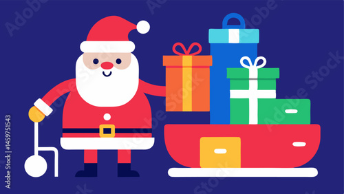 Sleigh Filled with Gifts A cheerful Santa standing next to a sleigh overflowing with various discounted gifts like toys and electronics with price tags showing big discounts.