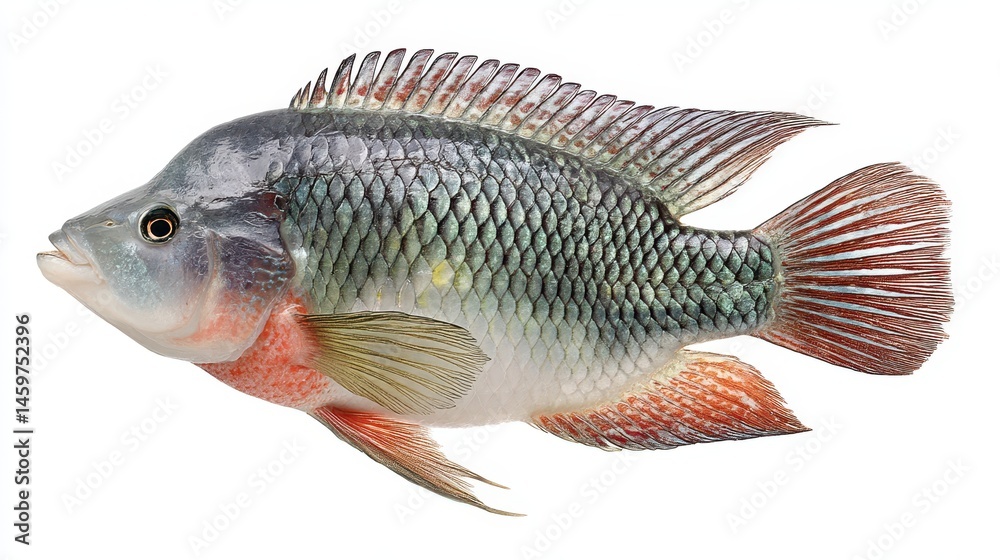 Fototapeta premium Nile Tilapia Fish Presented in Fresh and Raw Style Against a Clean White Backdrop