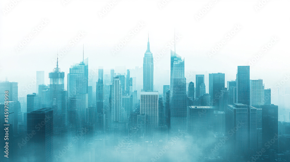 Naklejka premium Teal and White City Skyline in Foggy Atmosphere