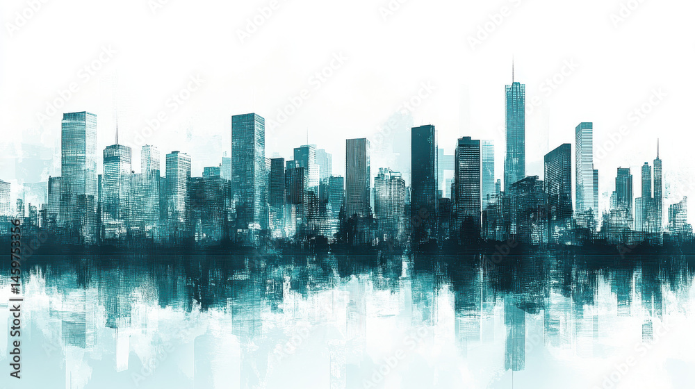 Fototapeta premium Teal and White City Skyline Illustration
