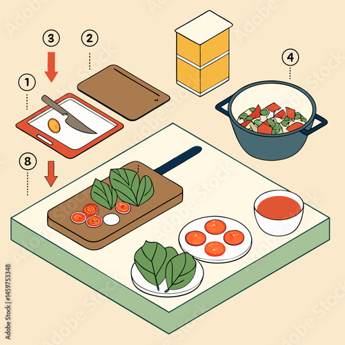 Isometric Vector Infographic Elements Depicting Healthy Meal Preparation, Including Cutting Boards, Cooking Utensils, and Fresh Ingredients for Recipe Websites and Culinary Guides.
