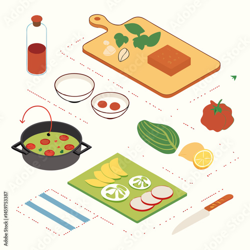 Isometric Vector Infographic Elements Depicting Healthy Meal Preparation, Including Cutting Boards, Cooking Utensils, and Fresh Ingredients for Recipe Websites and Culinary Guides.